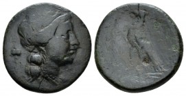 Bruttium, Locri Bronze circa 350-275, Æ 26.5mm., 12.39g. Head of Persephone r.; in l. field, poppy-head. Rev. ΛOKPΩN Eagle standing l., wings closed, ...