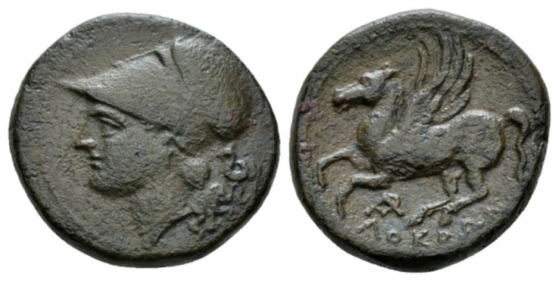 Bruttium, Locri Bronze circa 350-275, Æ 24mm., 12.39g. Head of Persephone r.; in...