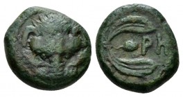 Bruttium, Rhegium Pentonkion (?) circa 425-410, Æ 17.5mm., 5.49g. Facing lion-mask. Rev. PH between two leaves of olive-sprig. SNG ANS 680. Historia N...