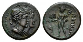 Bruttium, Rhegium Trias circa 215-150, Æ 17.5mm., 3.70g. Jugate heads of Dioscuri r.; above, stars. Rev. PHΓINON Hermes standing l., holding caduceus;...