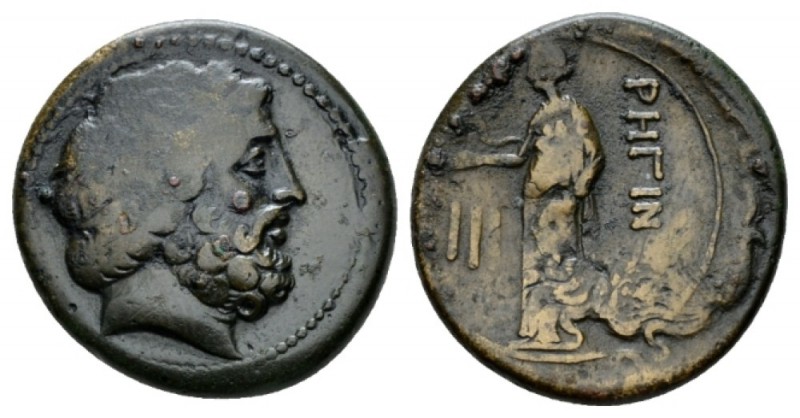 Bruttium, Rhegium Tetras circa 215-150, Æ 23.5mm., 8.09g. Head of Asclepius r. R...