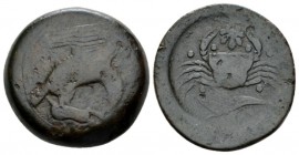 Sicily, Agrigentum Hemilitron circa 420-406, Æ 31.5mm., 22.86g. AKPA Eagle flying r., tearing hare. Rev. Crab; above, selinon leaf, around six pellets...