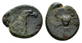 Sicily, Agrigentum Onkia circa 338-2887, Æ 11mm., 1.49g. Crab; below, monogram. Rev. Head of eagle r. SNG Copenhagen 87. Calciati I, 87.

Good Very ...