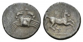 Sicily, Agrigentum Hemidrachm circa 338-287, AR 14mm., 1.77g. Crab. Rev. Horse galloping r.; above, star. SNG ANS 1109. SNG Copenhagen 92.

Old cabi...