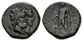 Sicily, Catana Bronze after 212, Æ 19mm., 6.44g. Jugate busts of Serapis and Isis r. Rev. KATANAIΩN Apollo standing facing wearing chlamys, resting on...