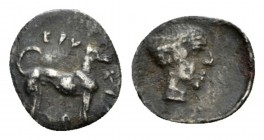 Sicily, Eryx Hemilitra circa 425-420, AR 10mm., 0.31g. Female head r., wearing krobylos. Rev. EPVKINON Dog standing r. Campana 16. SNG Lloyd 938.

V...