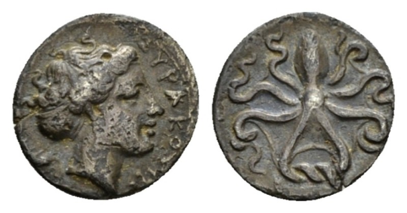 Sicily, Syracuse Litra circa 415-405, AR 12.5mm., 0.73g. ΣYPAKOΣIΩN Head of Aret...