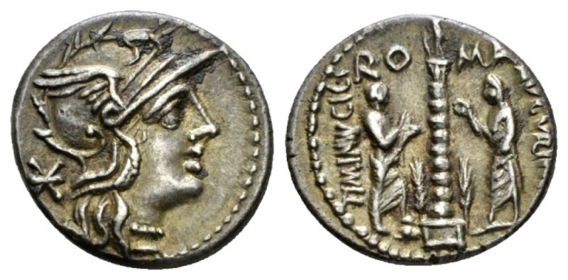 Ti. Minucius c. f Augurinus. Denarius circa 134, AR 18mm., 3.90g. Helmeted head ...