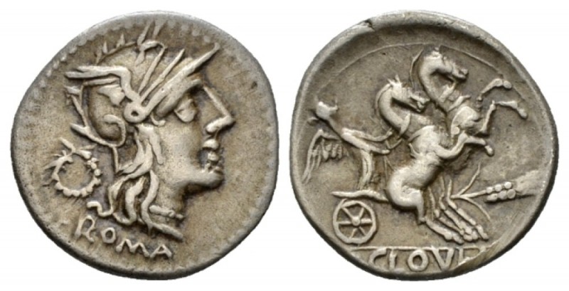 T. Cloelius. Denarius circa 129, AR 20mm., 3.81g. Helmeted of Roma r.; behind, w...