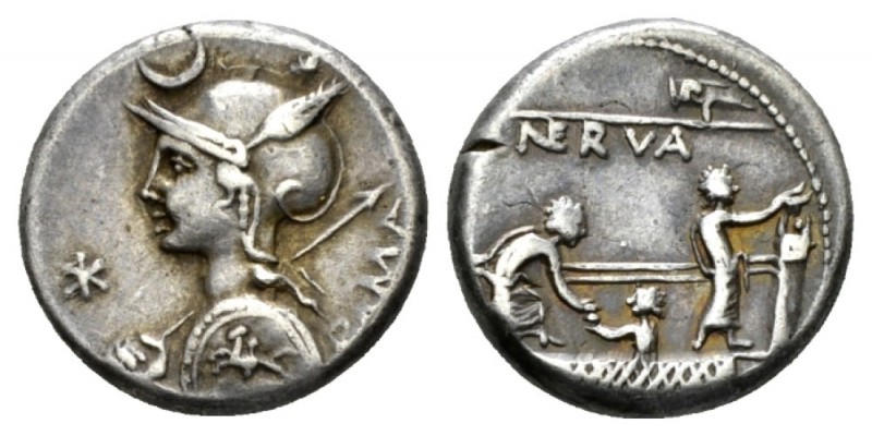 P. Licinius Nerva. Denarius 113 or 112, AR 17.5mm., 3.92g. Helmeted bust of Roma...