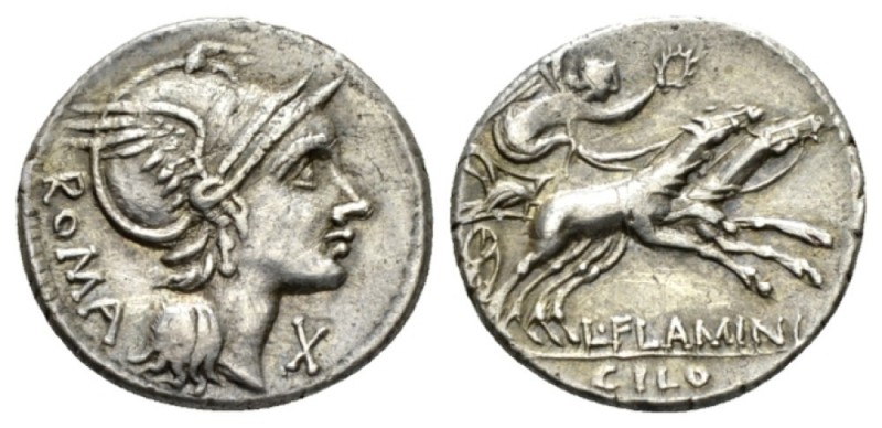 L. Flaminius Chilo. Denarius 109 or 108, AR 19mm., 3.83g. Helmeted head of Roma ...