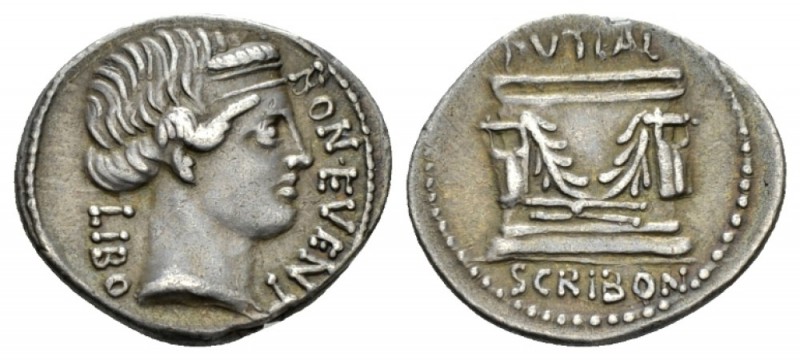 L. Scribonius Libo. Denarius circa 62, AR 20.5mm., 3.78g. BON EVENT– LIBO Diadem...