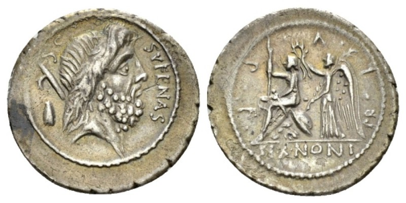 M. Nonius Sufenas. Denarius circa 69, AR 20.5mm., 3.67g. SVFENAS – S·C Head of S...