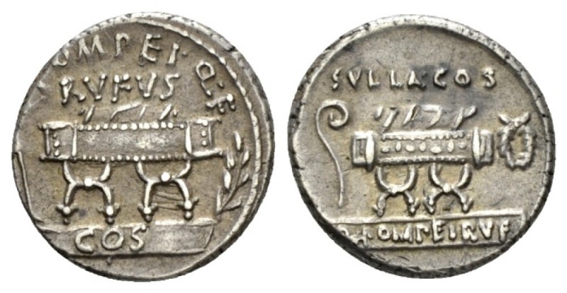 Q. Pompeius Rufus. Denarius circa 54, AR 17mm., 3.99g. Q·POMPEI·Q·F / RVRVS Curu...