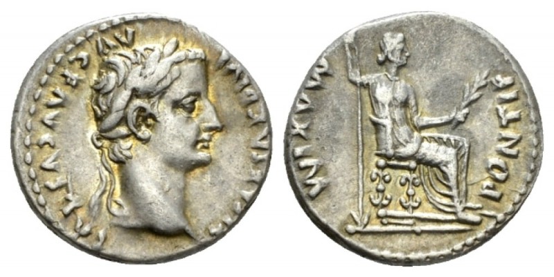 Tiberius, 14-37 Denarius 14-37, AR 18mm., 3.79g. Laureate head r. Rev. PONTIF MA...