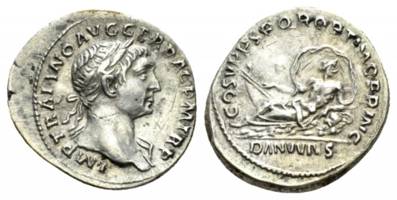 Trajan, 98-117 Denarius 107-108, AR 20mm., 3.06g. Laureate bust r., slight drape...