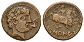 Hispania, Baskunes. Pamplona Unit second half II cent BC, Æ 23.5mm., 9.28g. Bearded male head r.; in front dolphin. Rev. BaRSKuNES Horseman gallopping...