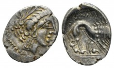 Gallia, Cisalpine Gaul. Insubres. Drachm circa II cent., AR 15.5mm., 2.16g. Head right of nymph. Rev.Lion walking r. DT 2171. CCCBM I S73.

Old cabi...