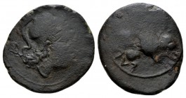 Etruria, Populonia Sextans Late III rd cent., Æ 25mm., 7.12g. Head of Menvra r., wearing Corinthian helmet; above two pellets. Rev. Etruscan legend: p...