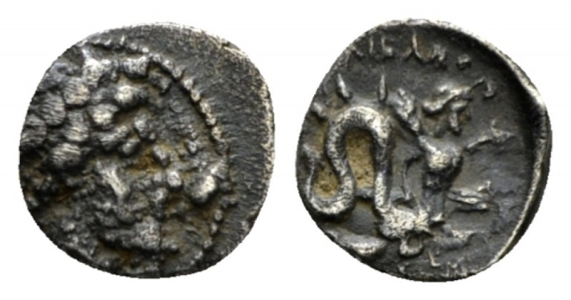 Campania, Allifae Obol circa 325-375, AR 10mm., 0.78g. Laureate head of Apollo r...