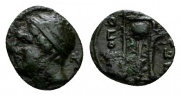 Campania, Neapolis Bronze circa 275-250, Æ 10.5mm., 0.72g. Male head l. Rev. NEOΠOΛITΩN Tripod. Historia Numorum 591. SNG ANS 519.
 
 Green patina. ...