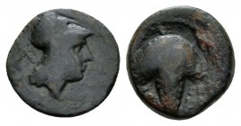 Apulia, Arpi Bronze circa 215-212, Æ 14mm., 2.67g. Helmeted head of Athena r. Rev. Grape bunch. Historia Numorum Italy 650.

About Very Fine.

Fro...