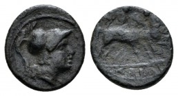 Apulia, Caelia Semuncia circa 220-150, Æ 13mm., 1.72g. Helmeted head of Athena r. Rev. Dioskouroi on horseback r. Historia Numorum Italy 770. SNG ANS ...
