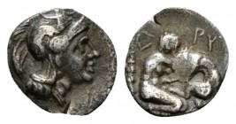 Apulia, Rubi Diobol circa 325-275, AR 11.5mm., 0.78g. Helmeted head of Athena r. Rev. Heracles kneeling r., strangling lion; above PY and behind, ΣI. ...