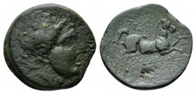 Apulia, Salapia Bronze circa 225-210, Æ 21mm., 6.43g. ΣAΛAΠINΩN Laureate head of Apollo r. Rev. Hore pracing r.; below ΠYΛΛOY. Historia Numorum Italy ...