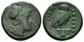 Apulia, Tiati Quincunx circa 225-200, Æ 23mm., 19.52g. Head of Athena r., wearing crested Corinthian helmet; above, five pellets. Rev. TIATI, owl stan...