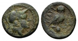 Apulia, Tiati Uncia circa 225-200, Æ 15.5mm., 2.85g. Head of Athena r., wearing Corinthian helmet. Rev. TIATI Owl standing r.; below pellet. Historia ...