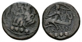 Calabria, Brundisium Triens II cent., Æ 17.5mm., 5.36g. Head of Neptune r. crowned by Victory. Rev. Dolphin rider l., holding Victory and lyre; below,...