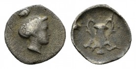 Calabria, Tarentum Hemiobol circa 380-325, AR 10.5mm., 0.43g. Female head r. (Satyra?). Rev. Kantharos; around, three pellets. Historia Numorum Italy ...