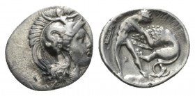 Calabria, Tarentum Diobol circa 380-325, AR 13.5mm., 1.10g. Head of Athena r., wearing Attic helmet, decorated with Skylla. Rev. Herakles, holding clu...