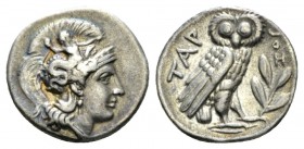 Calabria, Tarentum Drachm circa 302-280, AR 18mm., 3.19g. Head of Athena r., wearing Attic helmet, decorated with Scylla. Rev. Owl standing r. with cl...