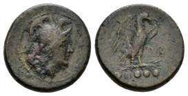 Calabria, Orra Quincunx circa 210-150, Æ 18.5mm., 5.87g. Head of Minerva r., wearing triple-crested helmet; below, ΑΛ. Rev. Eagle standing r. on thund...