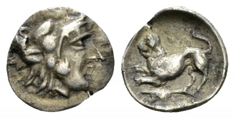 Lucania, Heraclea Diobol circa 432-420, AR 12mm., 0.99g. Head of Herakles r., we...