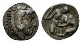 Lucania, Heraclea Diobol circa 432-420, AR 10.5mm., 1.15g. Head of Herakles r. Rev. Heracles kneeling r., fighting lion; club raised in r. hand. Histo...