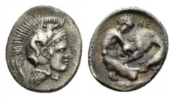Lucania, Heraclea Diobol circa 432-420, AR 10.5mm., 1.16g. Head of Athena r., wearing crested Attic helmet depicting hippocamp. Rev. Heracles kneeling...