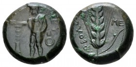 Lucania, Metapontum Obol circa 425-350, Æ 20mm., 9.83g. Hermes standing l., holding patera over thymiaterion in right hand, caduceus in left; in r. fi...