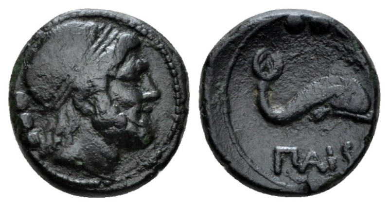 Lucania, Paestum Quadrans circa 218-201, Æ 15.5mm., 3.63g. Bearded head of Posei...