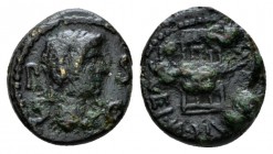 Lucania, Paestum Bronze mid I cent., Æ 14.5mm., 2.70g. Female head r. Rev. L SVEI M NVN II VIR Three-storey building. Historia Numorum Italy 1257. Cr....