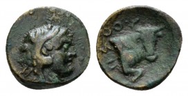 Lucania, Thurium Bronze III cent, Æ 11.5mm., 1.14g. Haead of Heracles r. Rev. Forepart of bull charging r. behind ΣO and above ΘOY. Historia Numorum I...