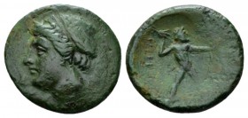 Bruttium, Brettii Half Unit circa 214-211, Æ 21.5mm., 4.26g. Head of Nike l. Rev. Zeus striding r., hurling thunderbolt and holding sceptre. Historia ...