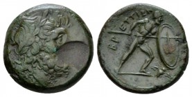 Bruttium, Bretti Unict circa 211-208, Æ 22mm., 8.07g. Laureate head of Zeus r.; behind, thunderbolt. Rev. Warrior advancing r., holding spear and larg...
