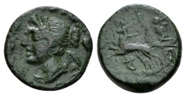 Bruttium, Brettii reduced Semuncia circa 208-203, Æ 17.5mm., 3.64g. Winged bust of Nike l.; within laurel wreath. Rev. Zeus driving galloping biga l.;...