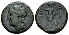 Bruttium, Locri Bronze circa 350-275, Æ 24.5mm., 9.68g. Laureate head of Persephone l., behind, barley-ear. Rev. Athena standing l., holding long spea...