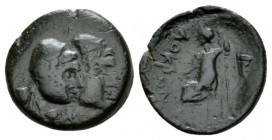 Bruttium, Locri Bronze circa 350-275, Æ 19mm., 4.16g. Jugate heads of the Dioscuri r. Rev. ΛΟΚΡΩΝ Zeus seated l., holding patera and cornucopiae. SNG ...