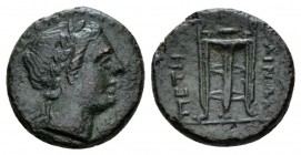 Bruttium, Petelia Bronze Late III cent., Æ 17.5mm., 4.07g. Laureate head of Apollo r. Rev. Tripod. Caltabiano, Petelia 2. Historia Numorum Italy 2455....