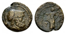 Bruttium, Petelia Uncia After 204, Æ 11.5mm., 1.58g. Helmeted head of Ares r. Rev. Nike standing l., holding wreath and palm. Historia Numorum 2466. S...